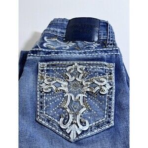 Evolve Denim New York Flare Jeans Med Wash Rhinestone Cross Back Pocket Size 3